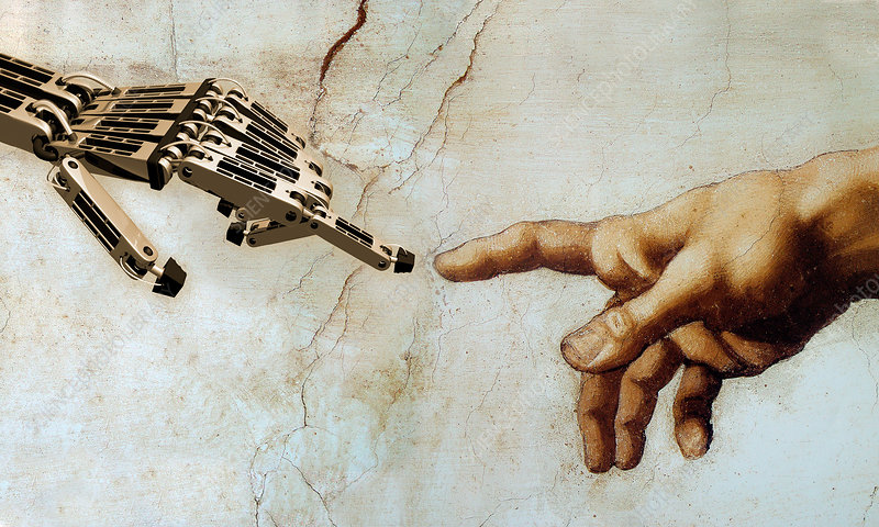 A robotic mechanical hand reaches toward a human hand painted in the style of Michelangelo's Creation of Adam